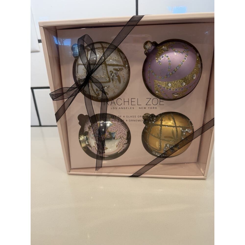 Rachel Zoe Silver Lavender Beaded Round Glass Christmas Ornaments 4 Pc New!!